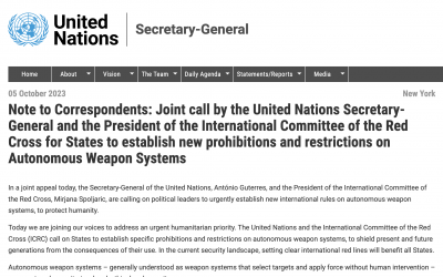 UN Secretary-General, President of International Committee of Red Cross Jointly Call for States to Establish New Prohibitions, Restrictions on Autonomous Weapon Systems